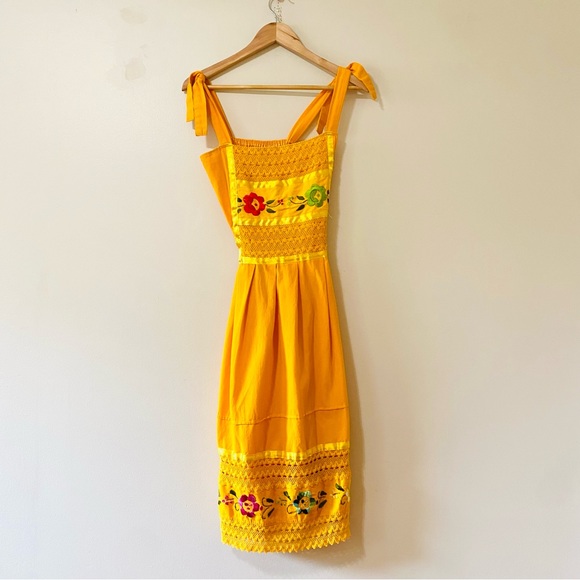 Vintage Dresses & Skirts - Vintage Mexican Dress Golden Yellow Floral Embroidery Sun Dress